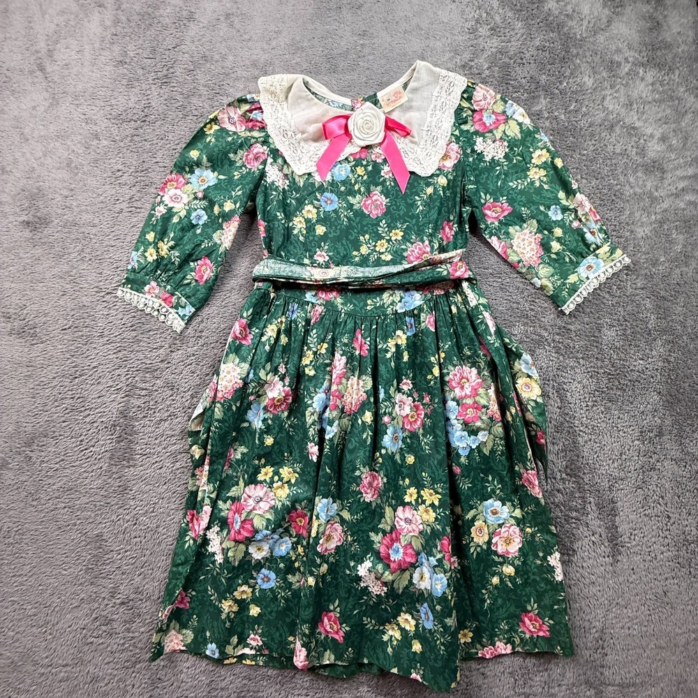 Vintage 80s Pretty N Pink Girls Dress Sz 10 Green Floral Lace Collar Cottagecore - Picture 1 of 6